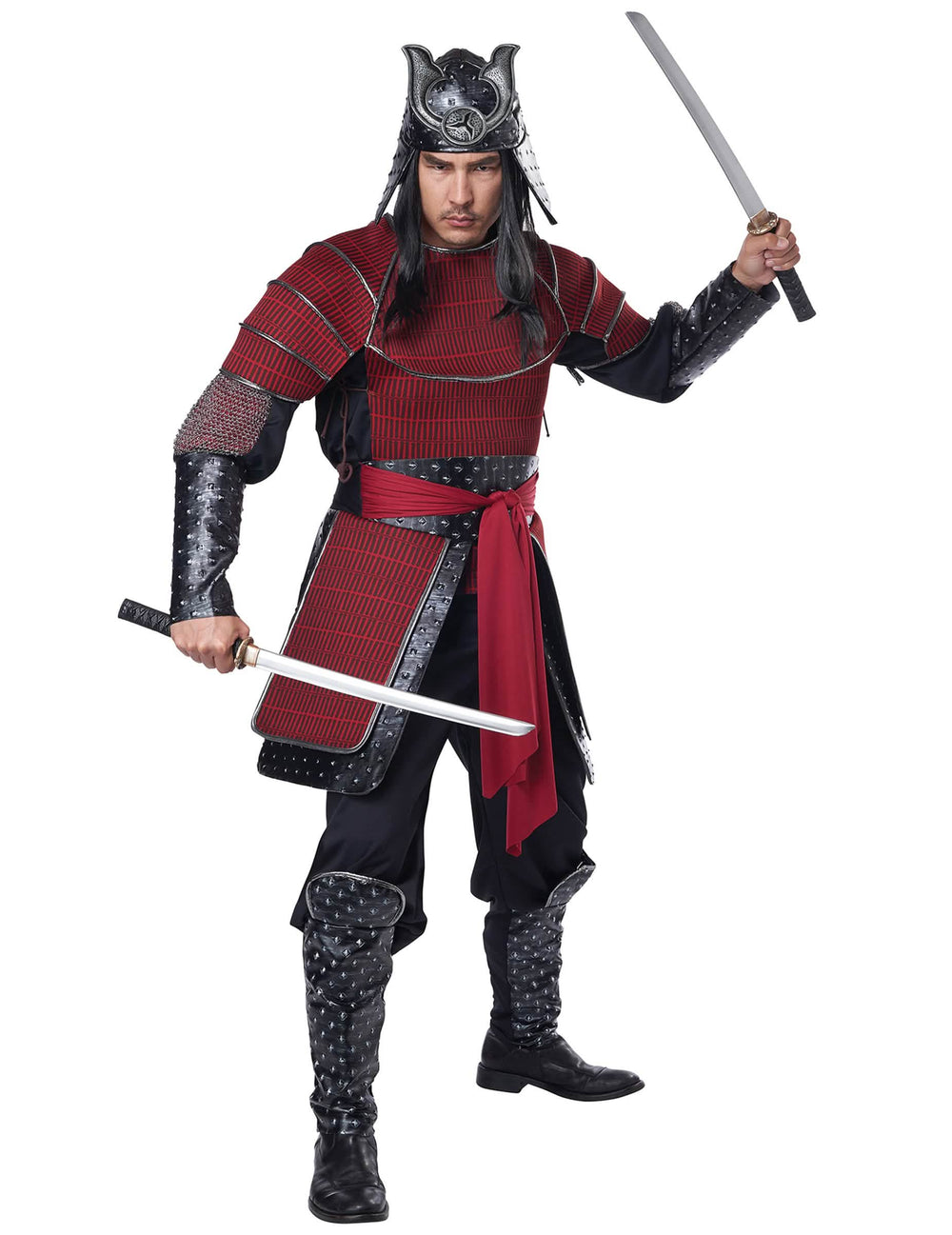 Disfraz de guerrero samurái para hombre rojo y negro con casco