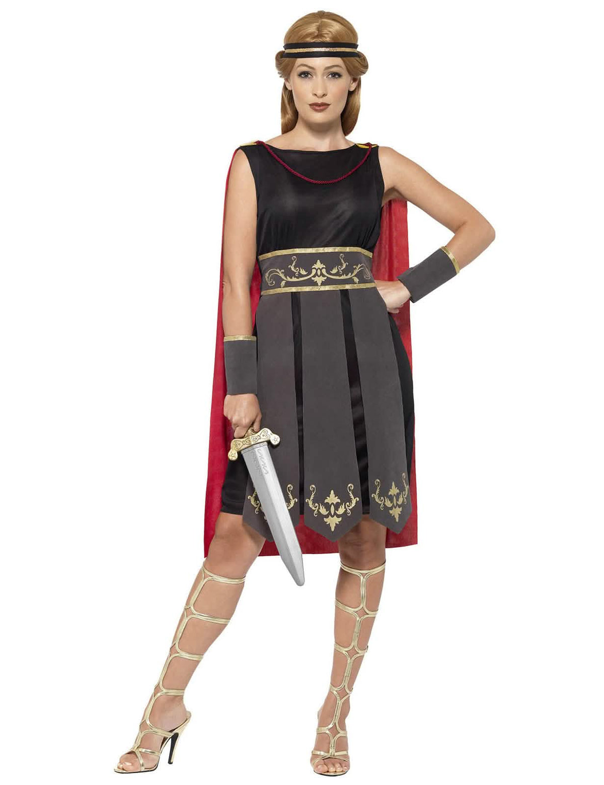 Disfraz de guerrera gladiadora para mujer negro y gris con capa rojo y detalles dorados