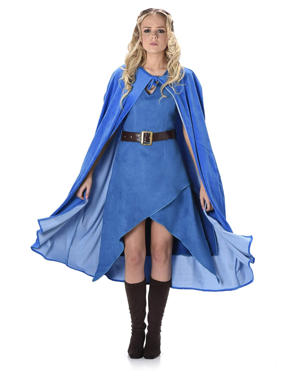 Disfraz de guerrera medieval para mujer azul con capa y cinturón