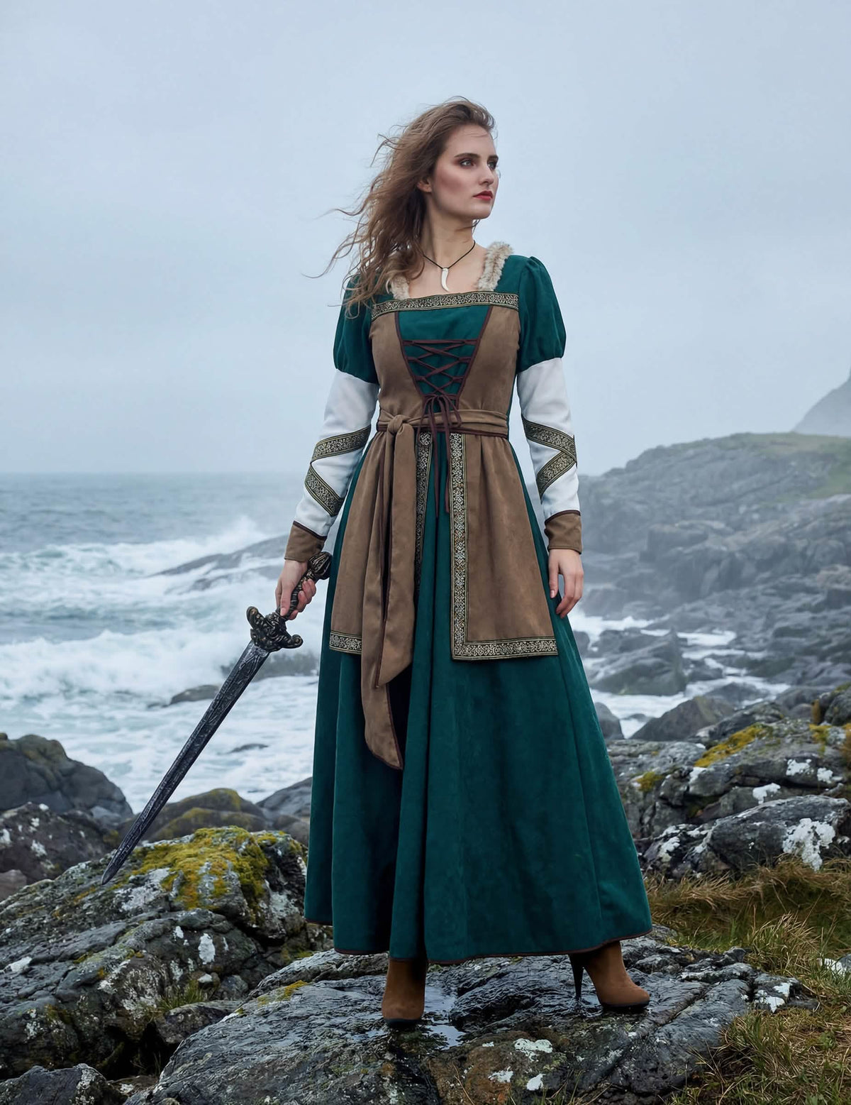 Disfraz de guerrera vikinga de lujo para mujer verde y marrón