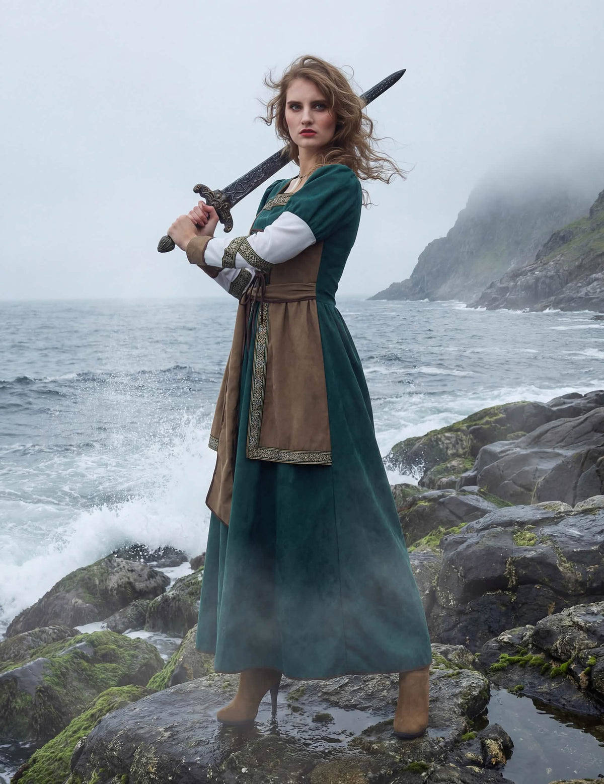 Vista de perfil del disfraz guerrera vikinga de lujo para mujer