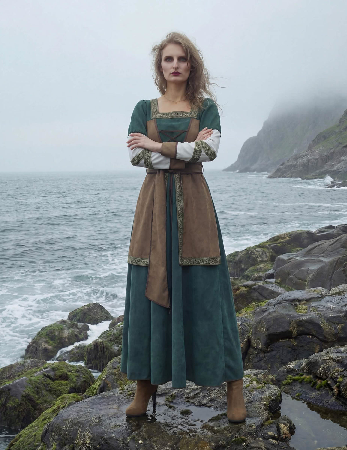 Vista frontal del disfraz de guerrera vikinga de lujo para mujer