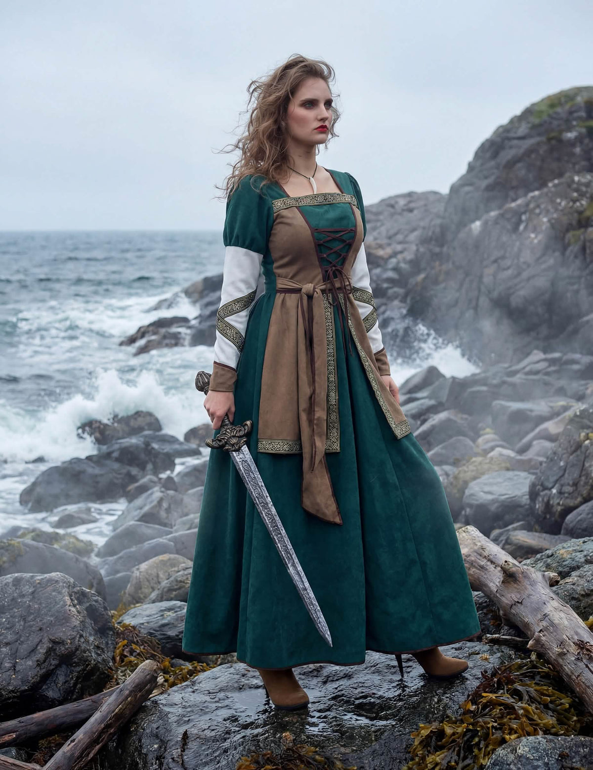 Vista general con espada del disfraz de guerrera vikinga de lujo