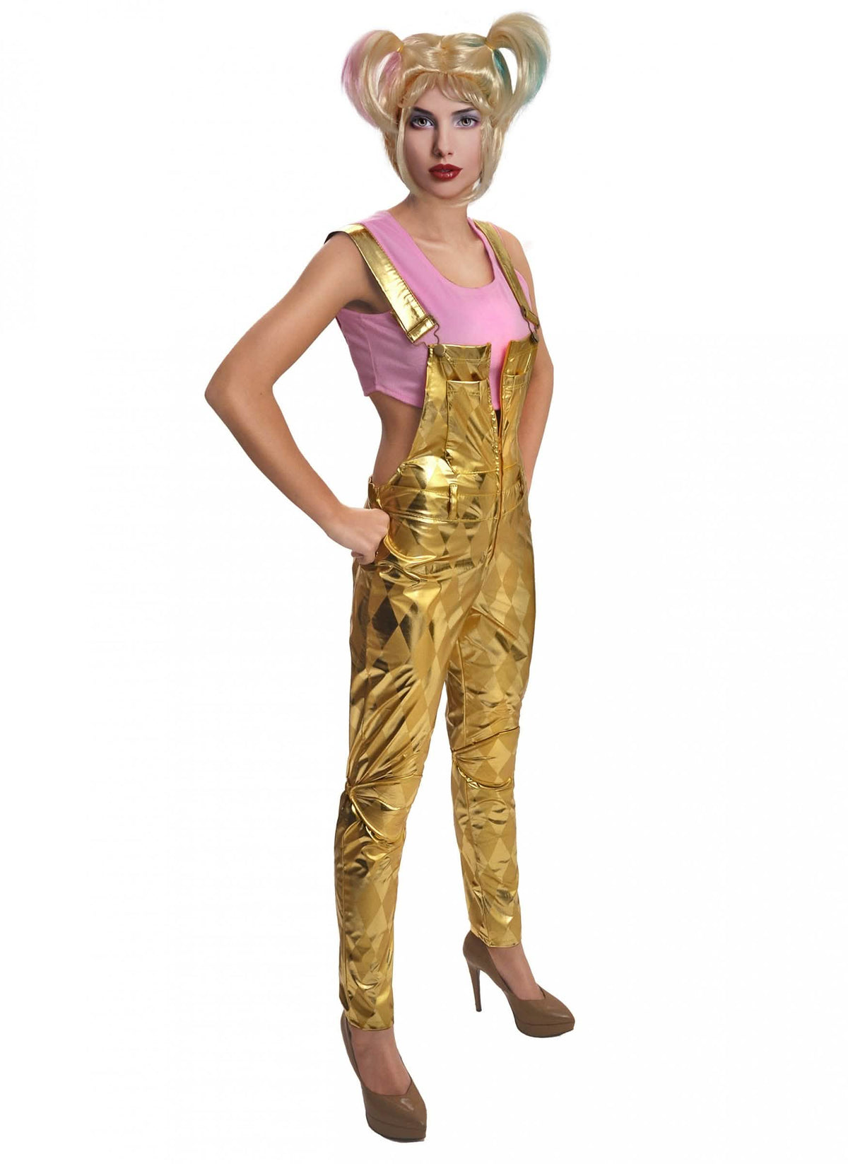 Disfraz con peluca Harley Quinn Birds of Prey para mujer petos dorados