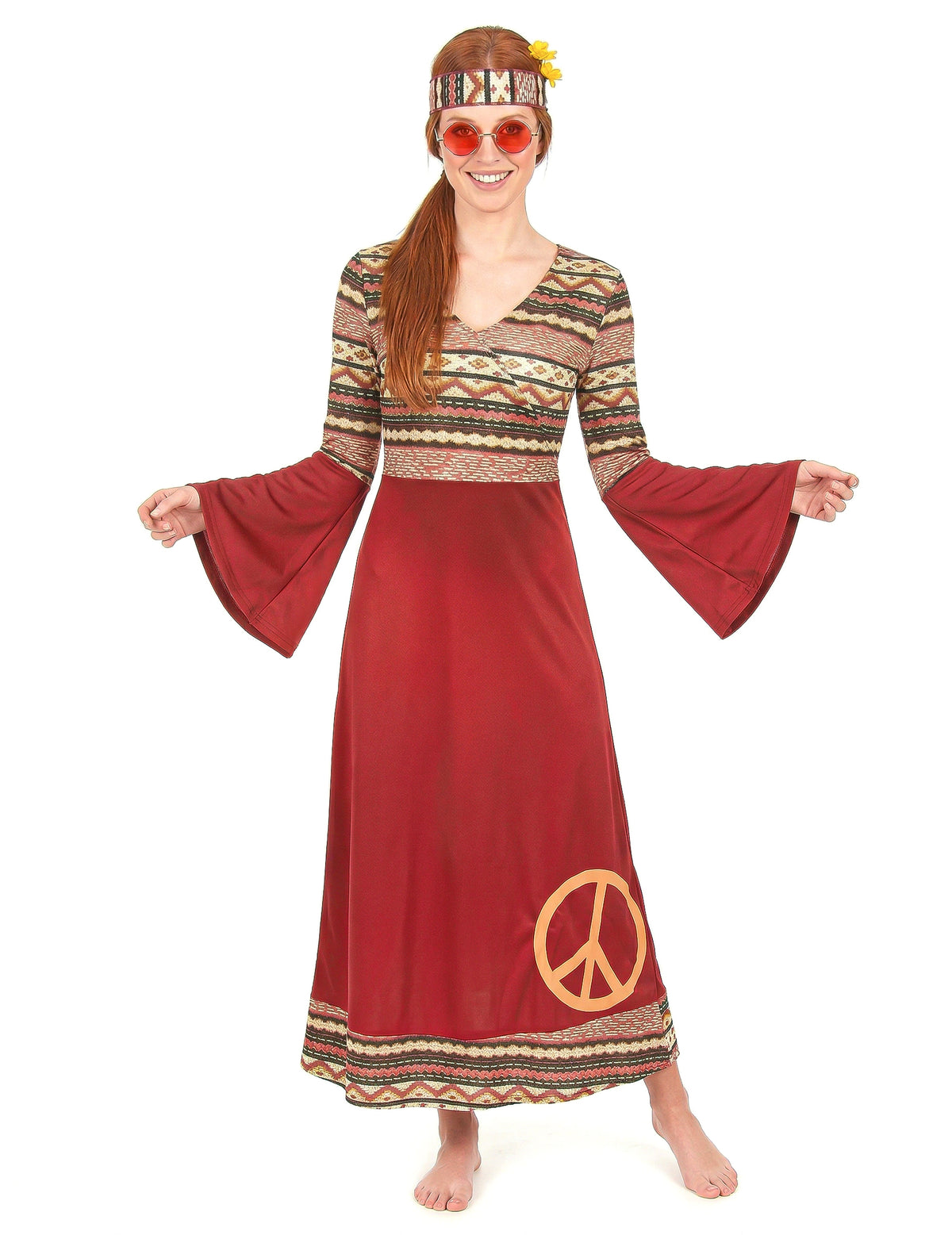 Disfraz vestido hippie burdeos para mujer