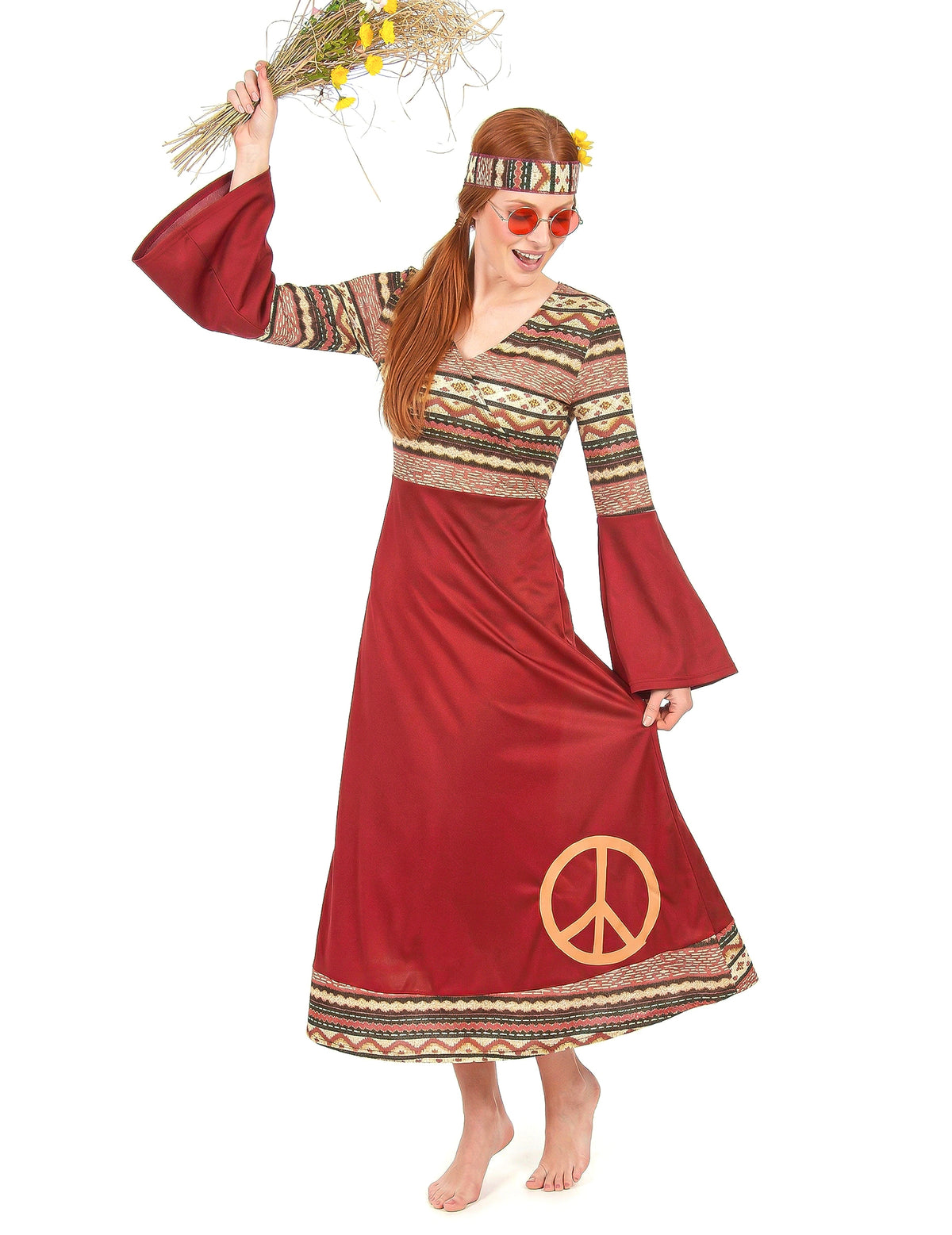 Disfraz vestido hippie burdeos para mujer