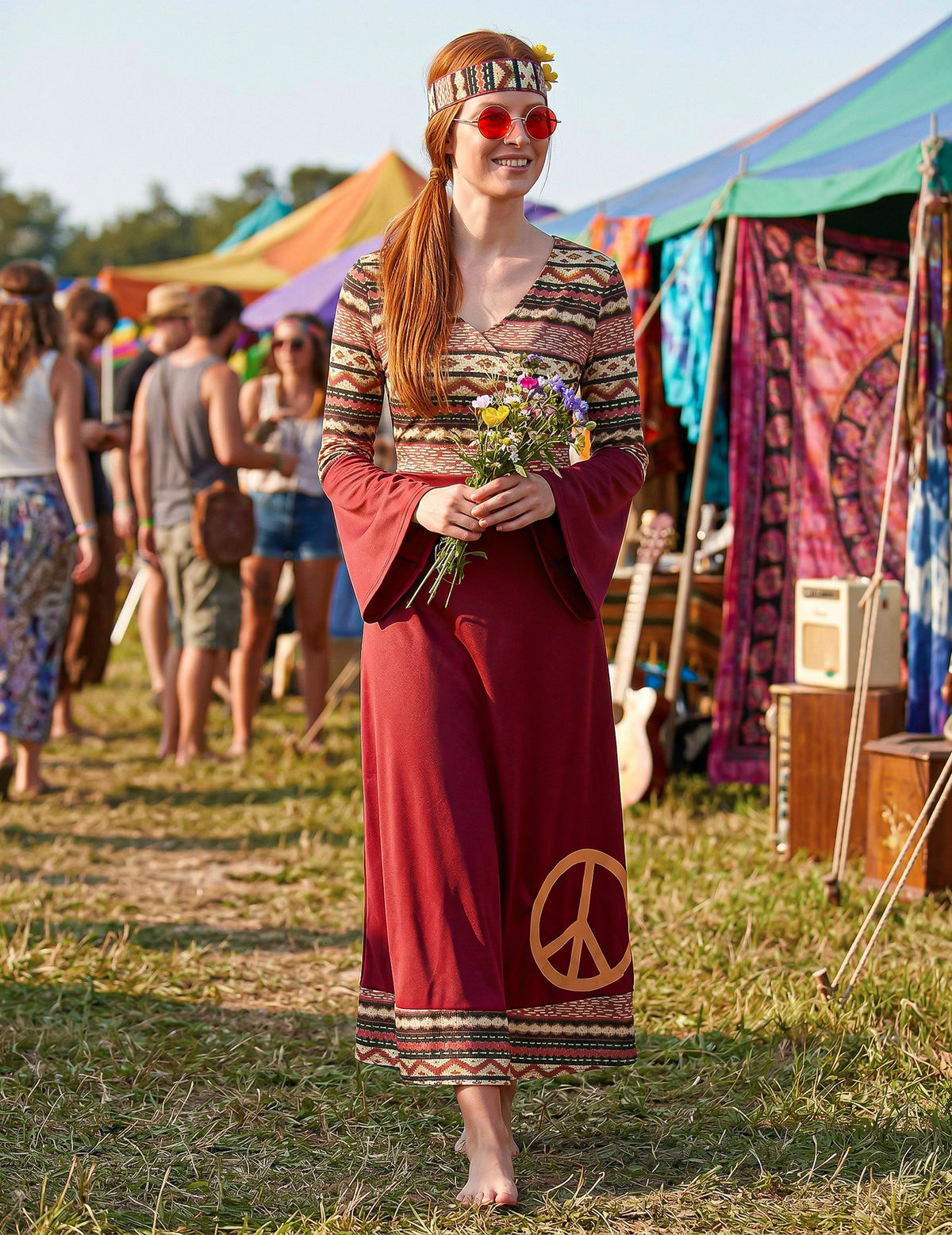 Disfraz vestido hippie burdeos para mujer