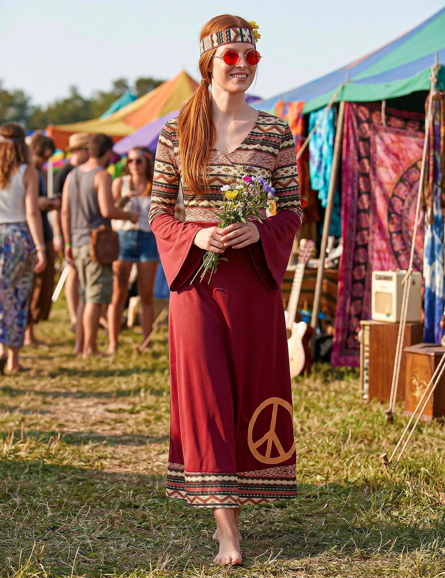 Disfraz vestido hippie burdeos para mujer