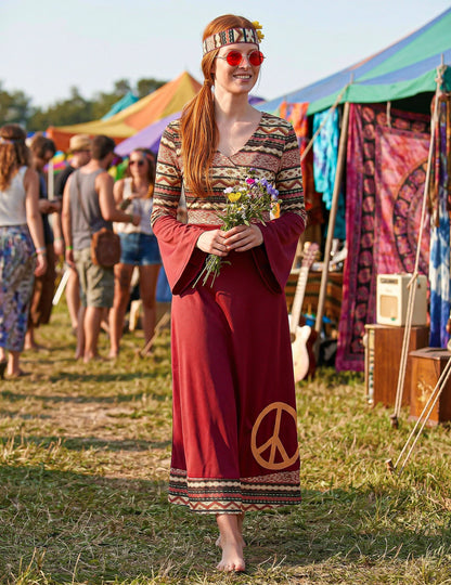 Disfraz vestido hippie burdeos para mujer