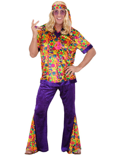 Déguisement hippie effet velours pour homme violet et multicolore à fleurs