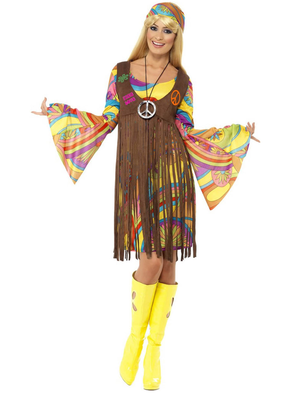 Disfraz hippie flores años 70 para mujer multicolor con chaleco de flecos marrón y cinta para la cabeza