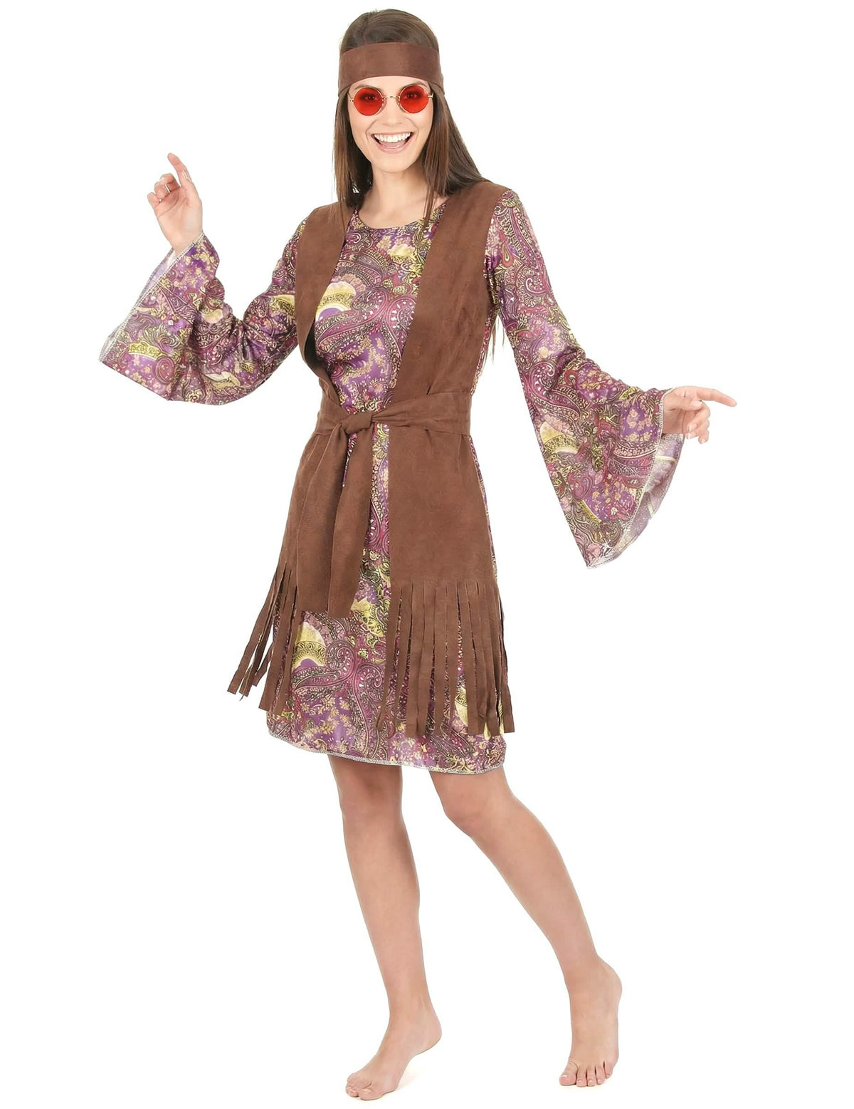 Déguisement hippie motif paisley pour femme marron avec gilet à franges et bandeau