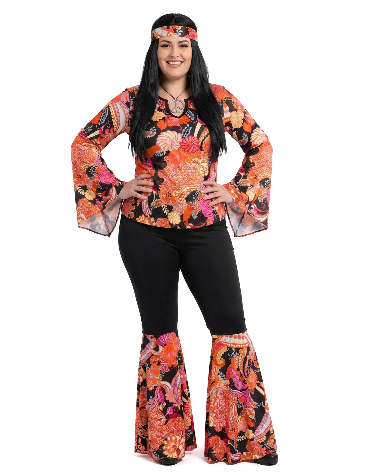 Disfraz hippie negro y multicolor mujer