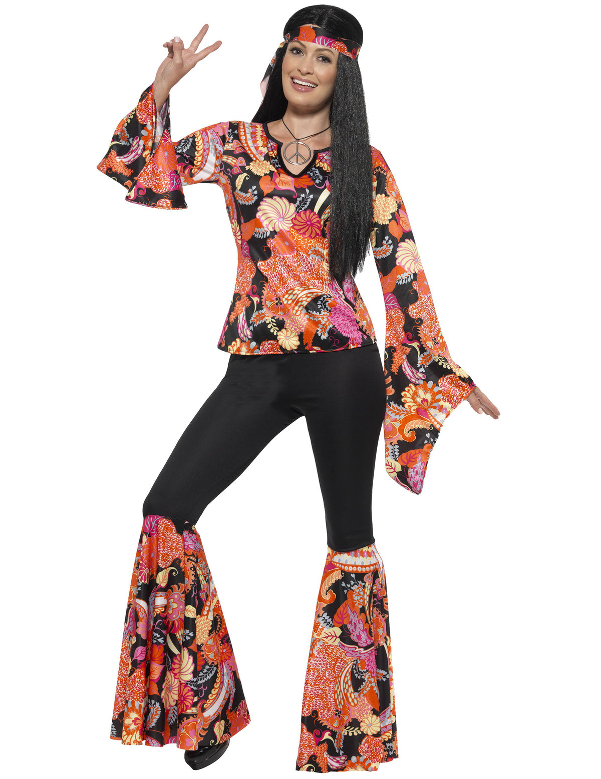 Disfraz hippie negro y multicolor mujer