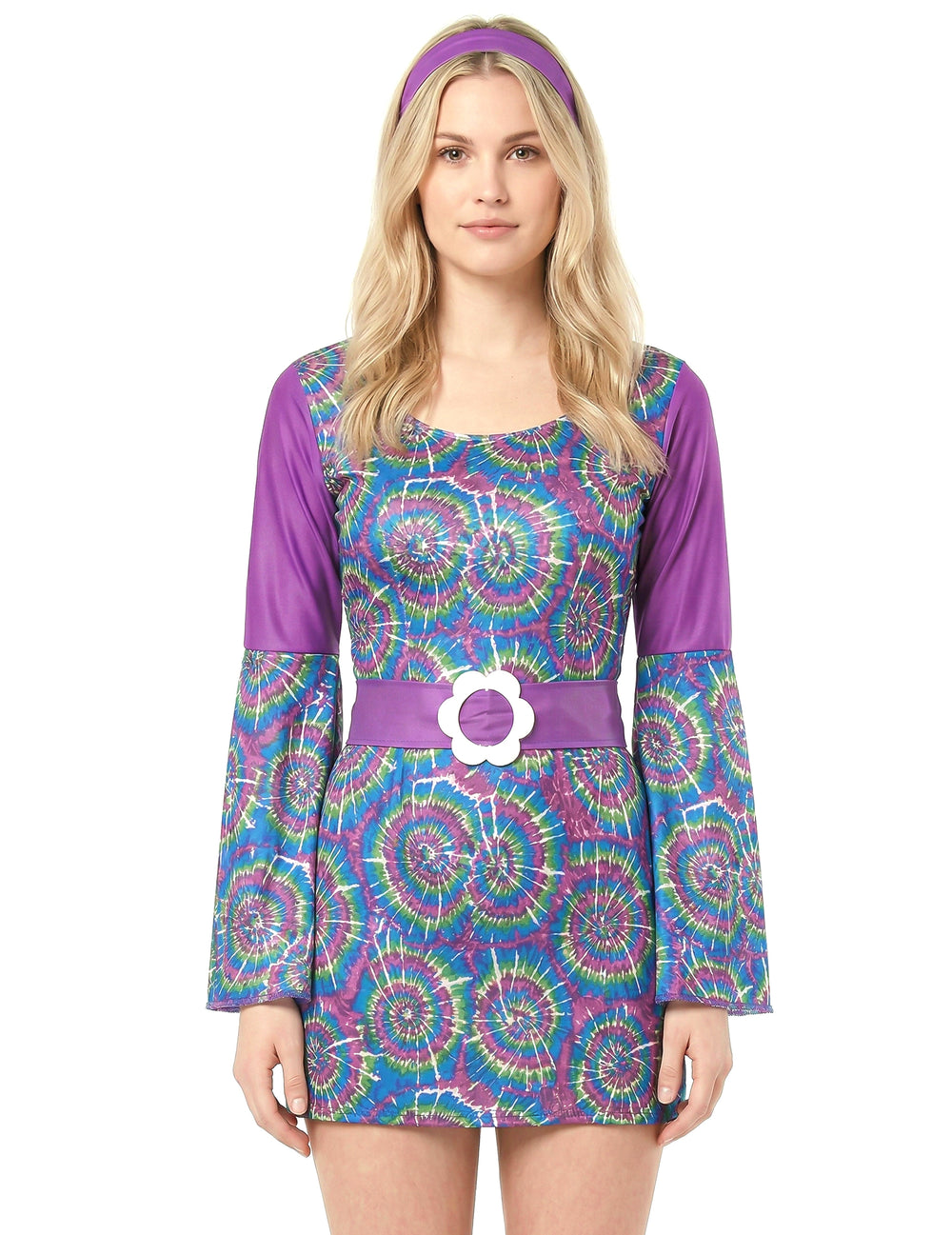 Gros plan sur la ceinture à fleur du déguisement hippie psychedelique femme