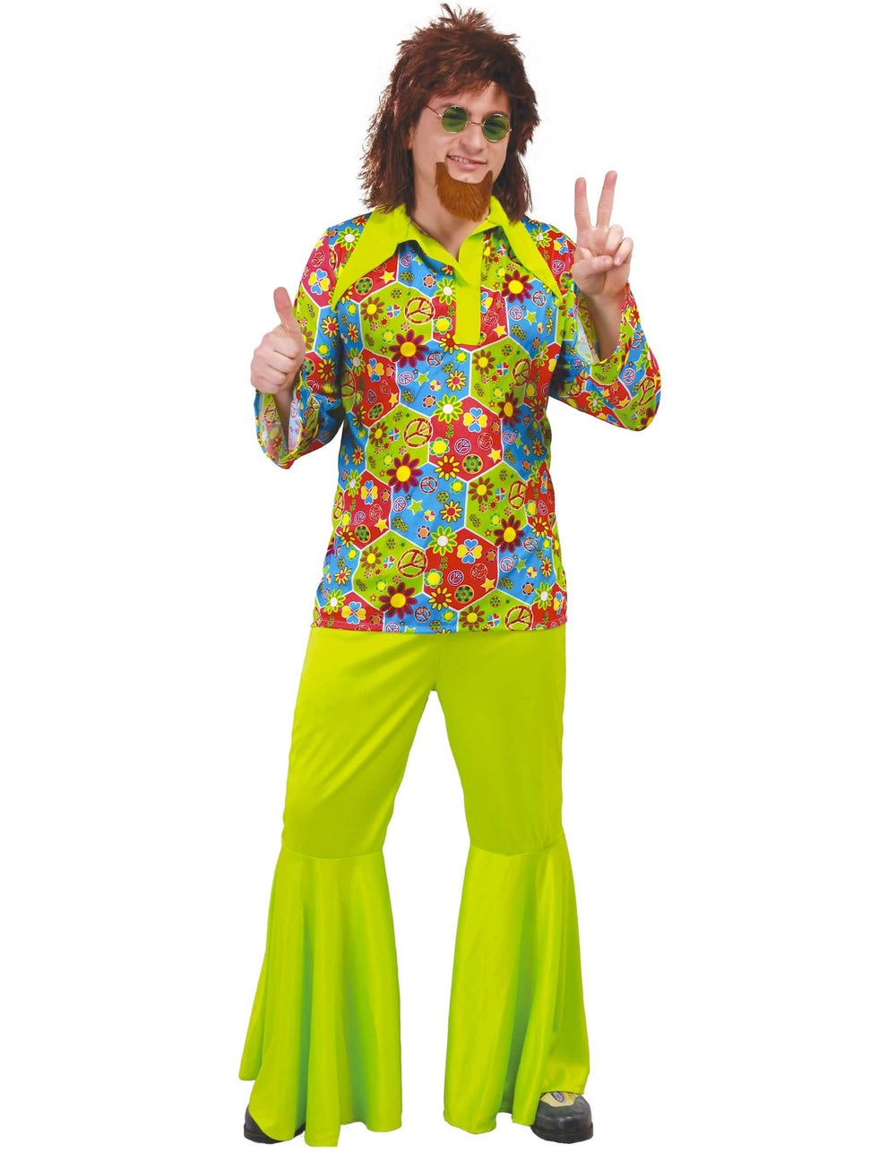 Disfraz de hippie para hombre verde con símbolos coloridos