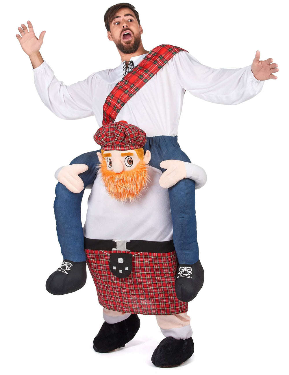 Disfraz de espalda de escocés para adulto con kilt rojo a cuadros y camisa blanca