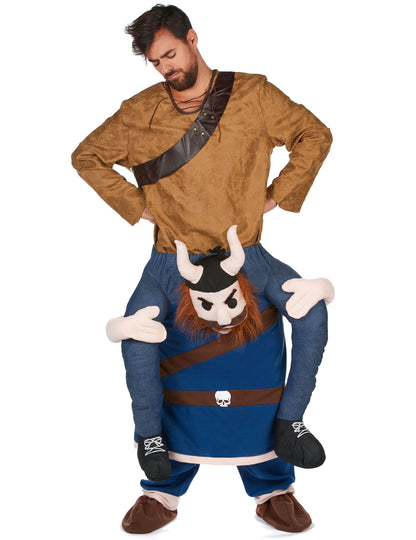Vue de face du déguisement à dos de viking pour adulte
