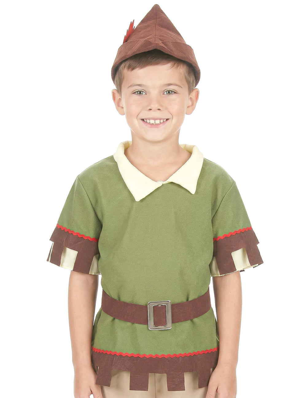 Primer plano del busto y el sombrero del disfraz de hombre de los bosques para niño