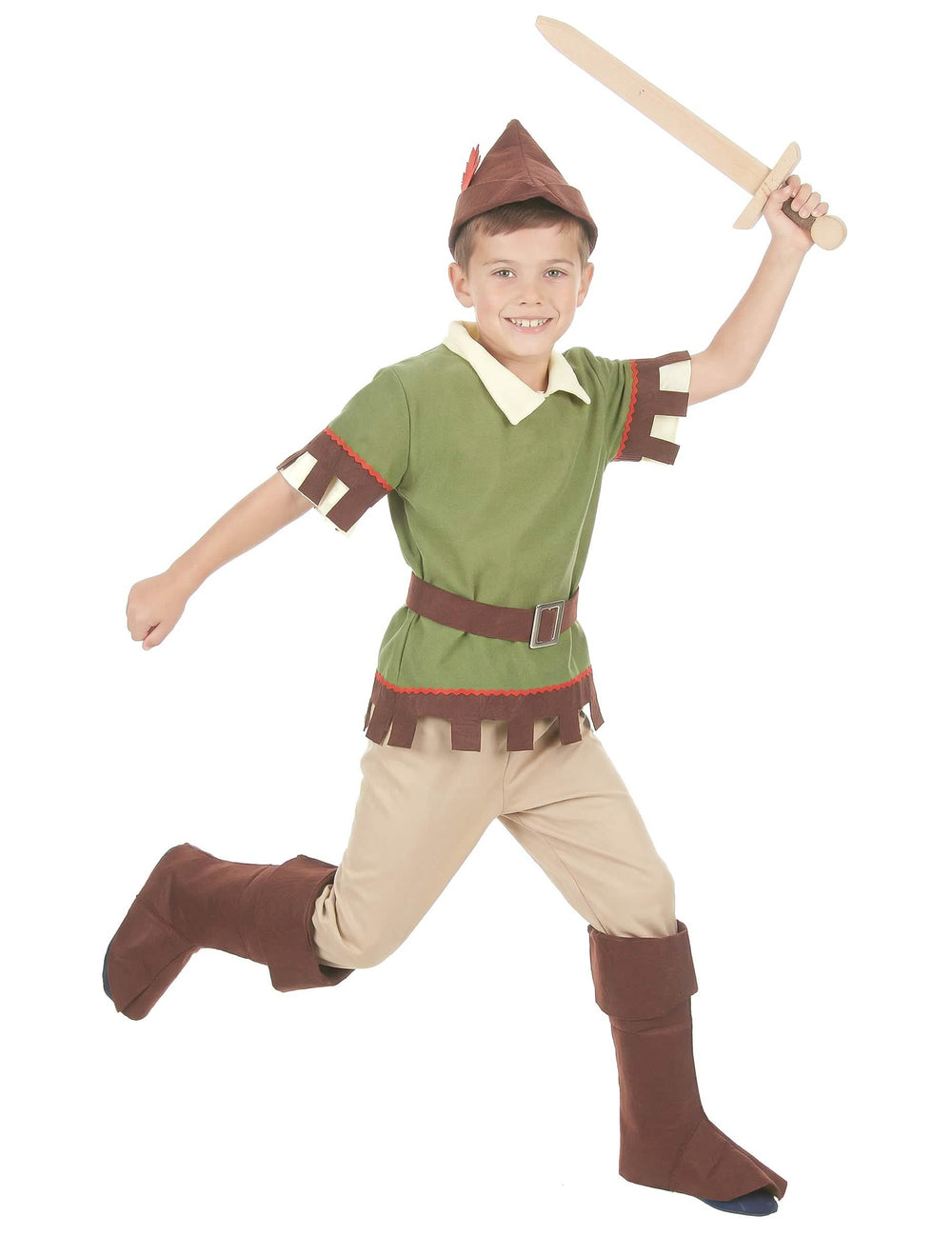 Disfraz de hombre de los bosques para niño verde y marrón con sombrero y espada