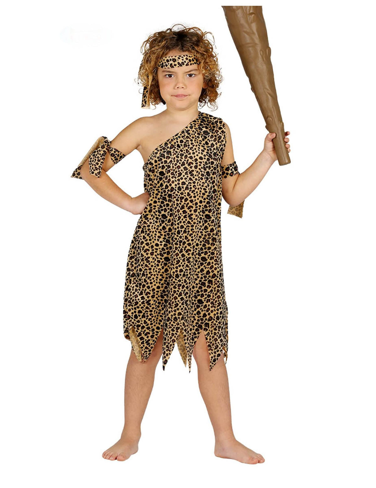 Disfraz de hombre de las cavernas para niño marrón con estampado de leopardo con cinta para la cabeza