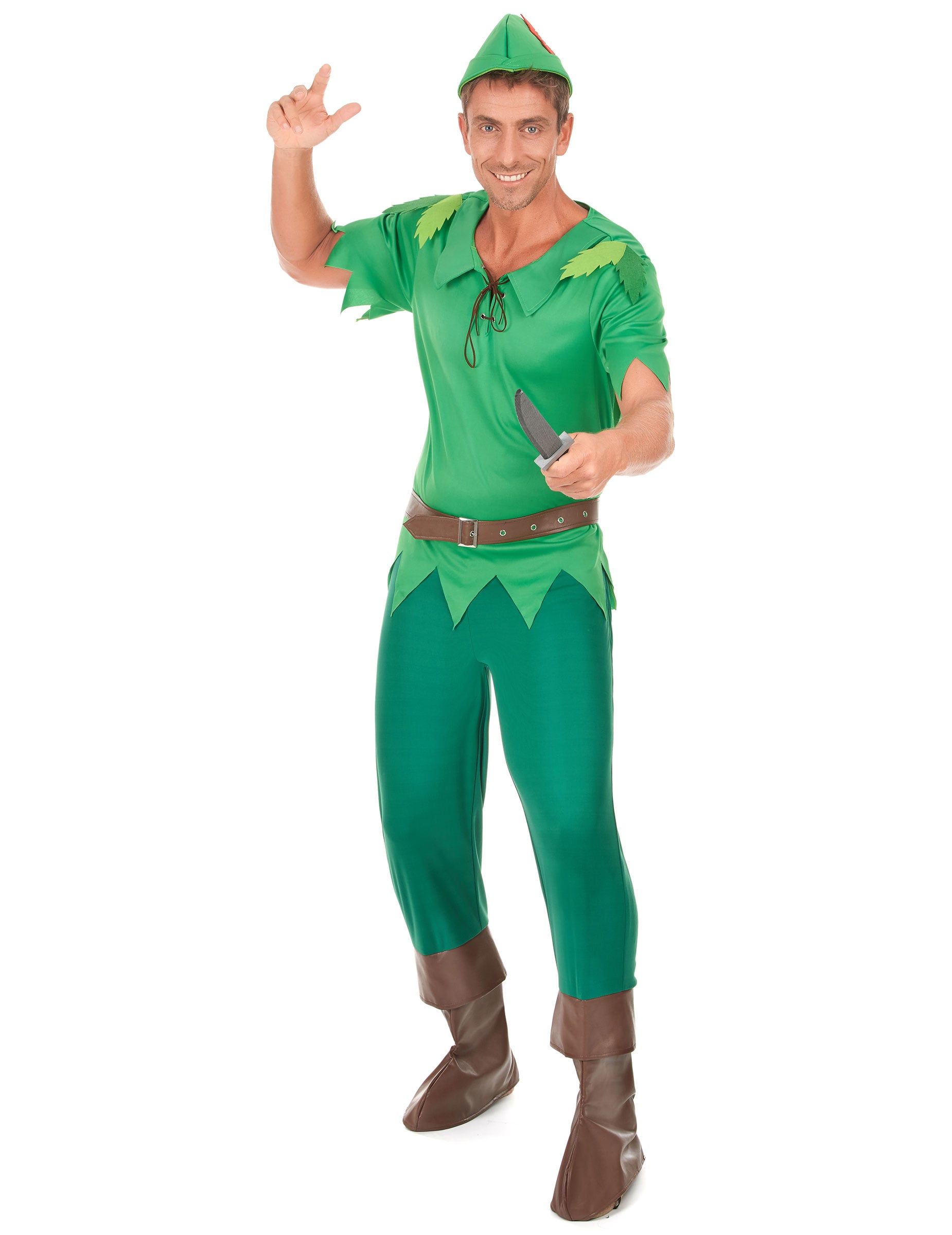 Déguisement du pays imaginaire pour homme vert avec chapeau et surbottes marron