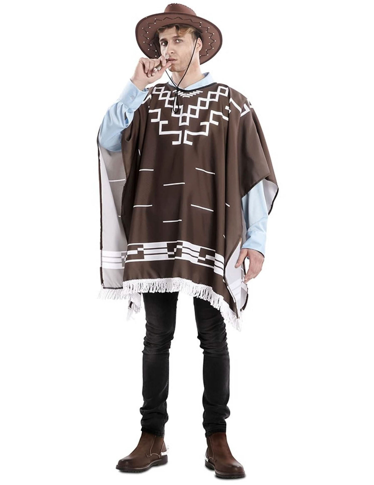 Déguisement de hors la loi pour homme marron avec poncho à motifs blancs et chapeau