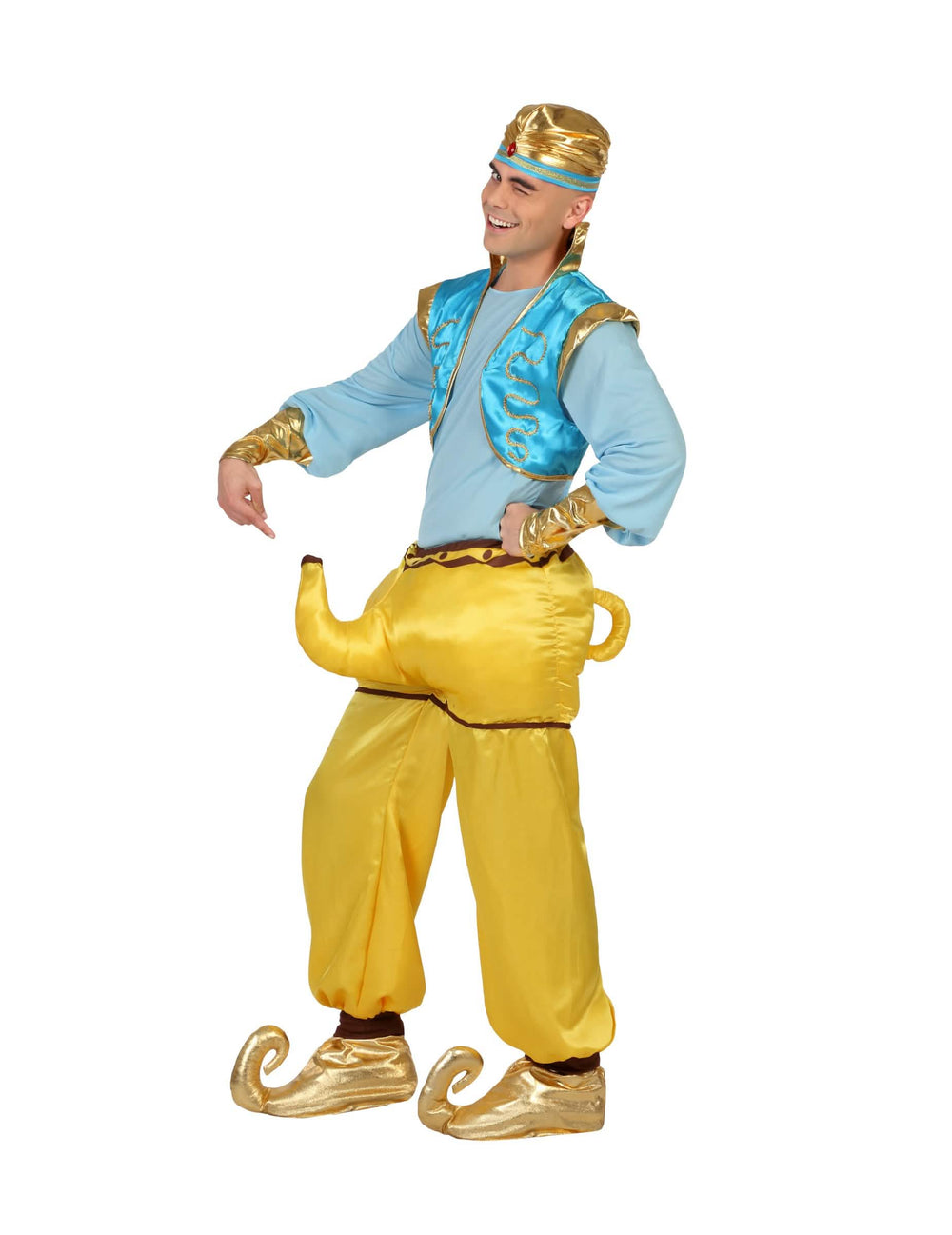 Disfraz humorístico de genio para adulto azul y amarillo con pantalón en forma de lámpara mágica