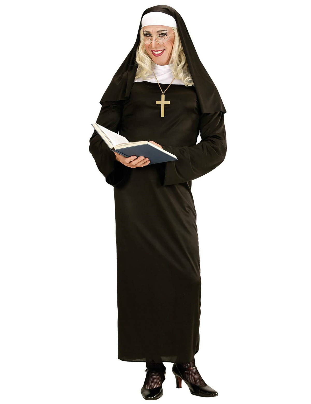 Disfraz humorístico religioso para adulto negro con velo y cruz dorada