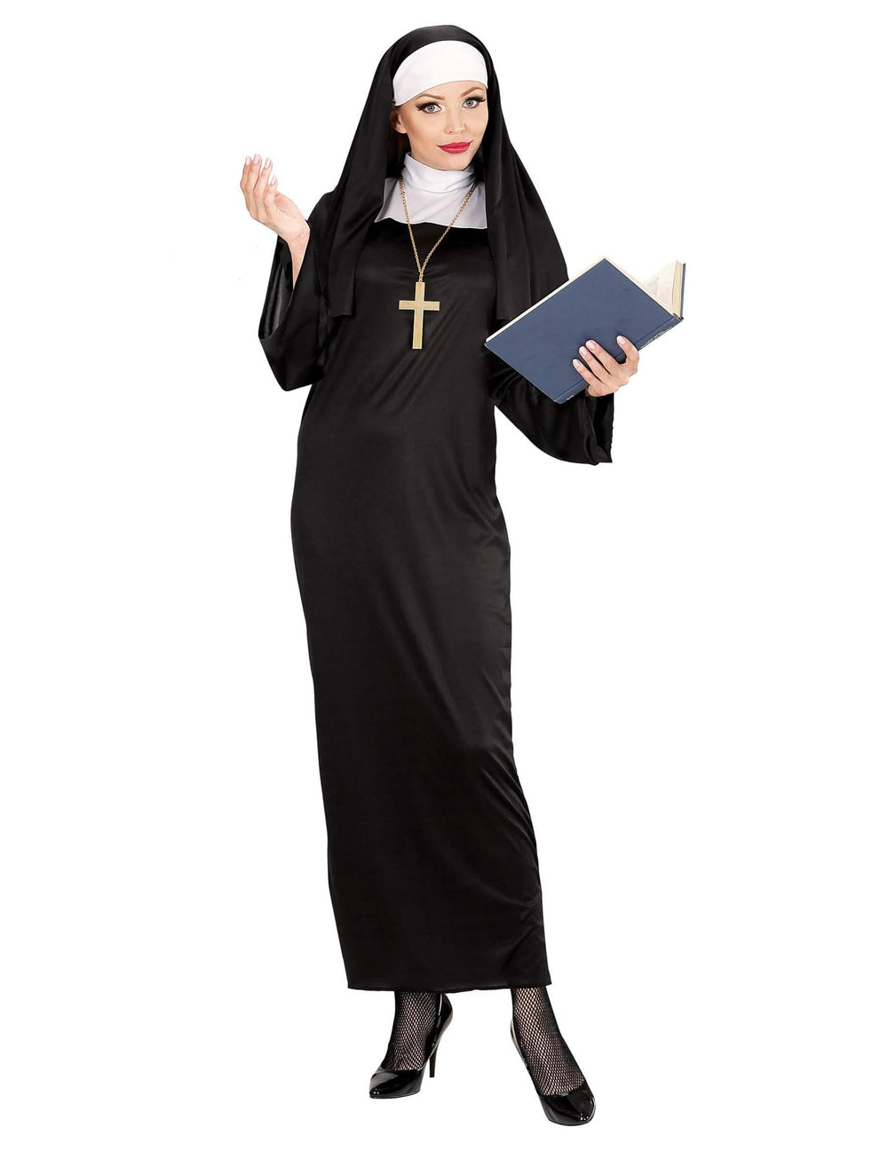 Vista general con libro del disfraz humorísticos religioso