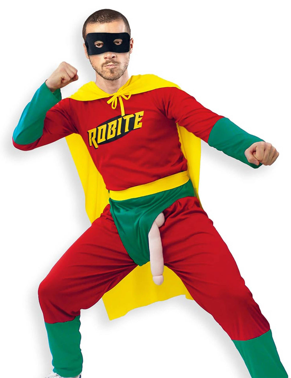 Déguisement humoristique Robite pour homme rouge, jaune et vert avec membre factice