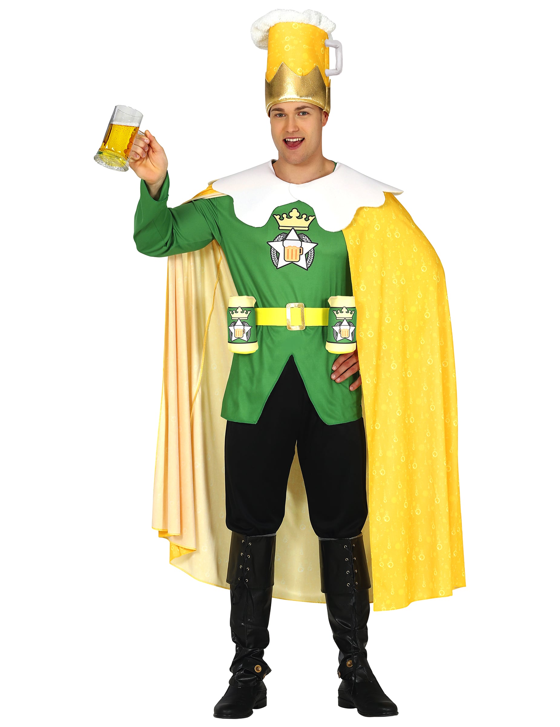 Déguisement humoristique roi de la bière pour adulte vert et jaune avec couronne chope de bière