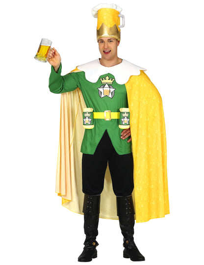 Déguisement humoristique roi de la bière pour adulte vert et jaune avec couronne chope de bière