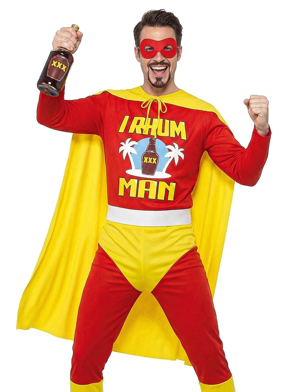 Disfraz i Rhum Man para hombre rojo y amarillo con máscara y capa