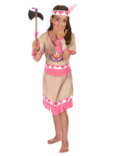 Déguisement indienne pour fille beige à franges roses