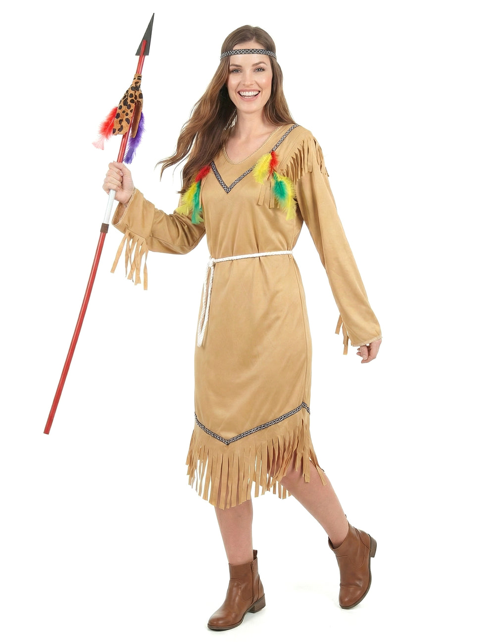 Déguisement d'indienne robe longue pour femme beige à franges et plumes colorées