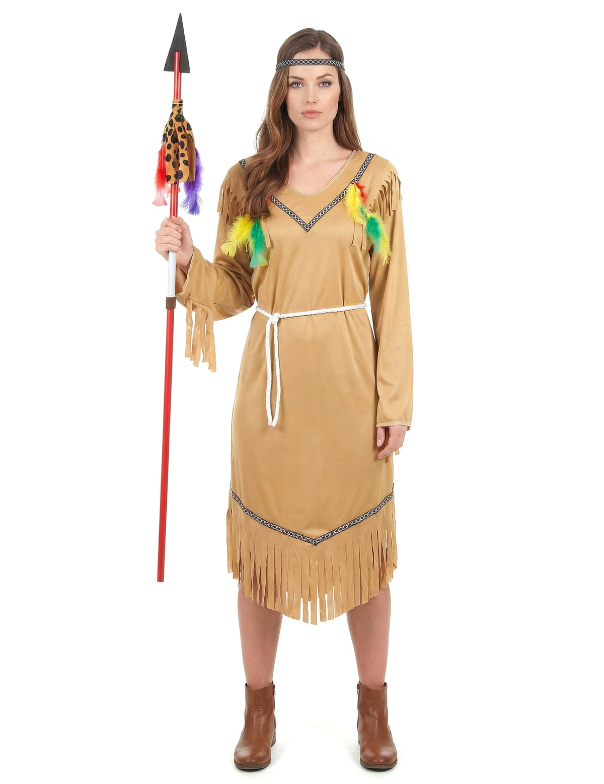 Vue de face avec lance du déguisement d'indienne robe longue pour femme