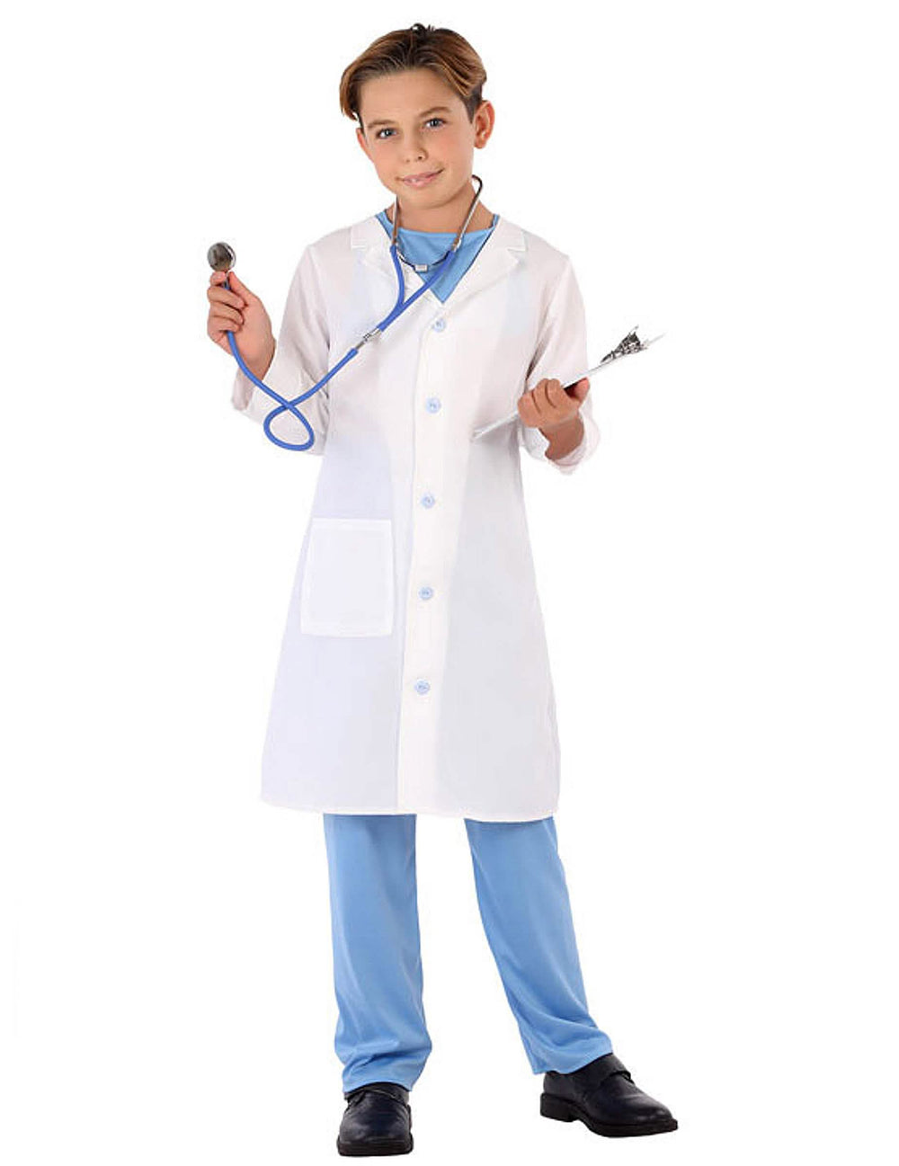 Vista frontal con estetoscopio y portapapeles del disfraz de doctor para niño