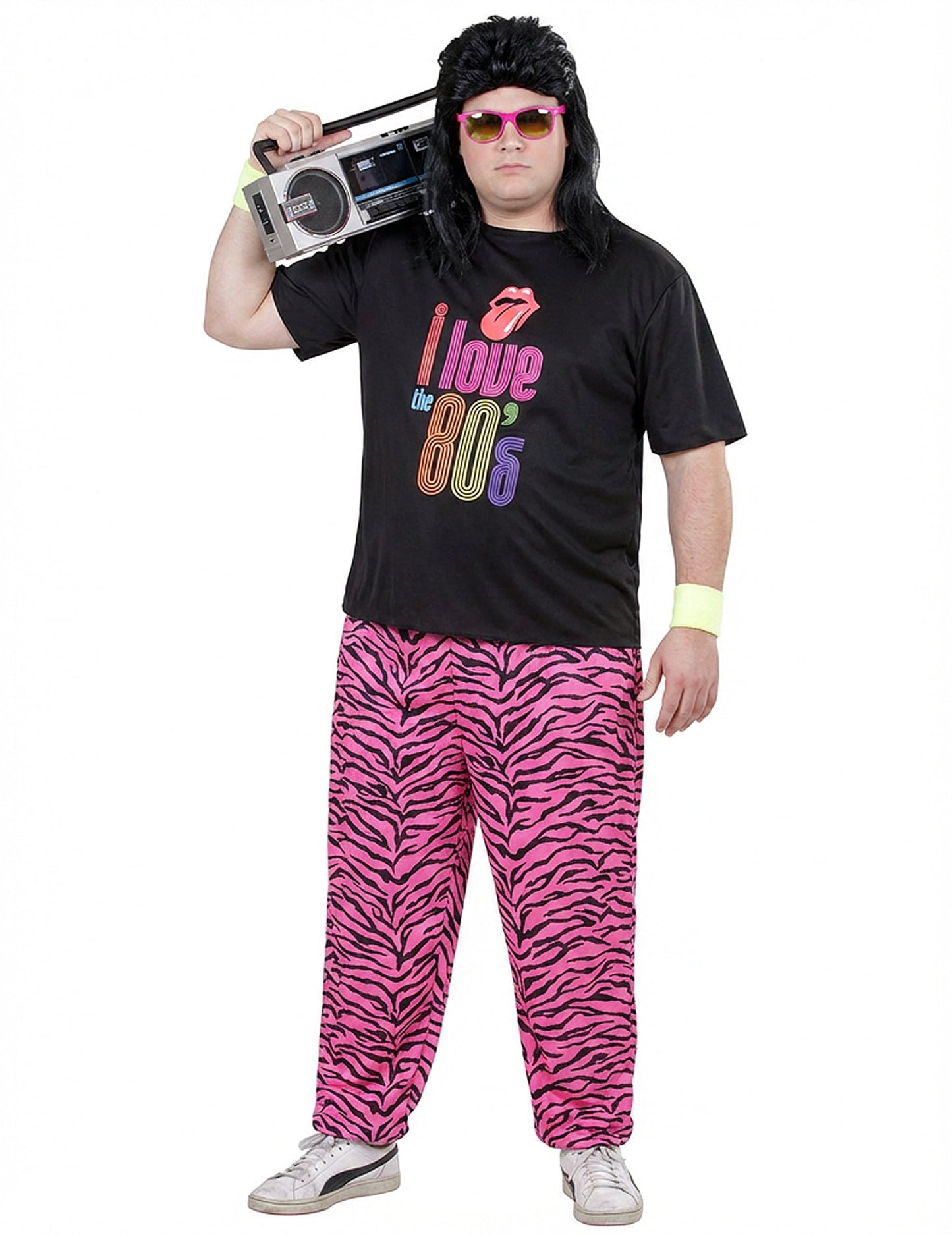 Déguisement jogging I love 80's pour homme noir et rose avec pantalon zébré