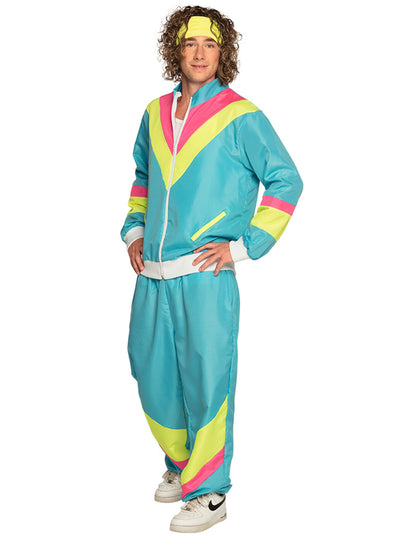 Disfraz retro de jogging azul neón para hombre