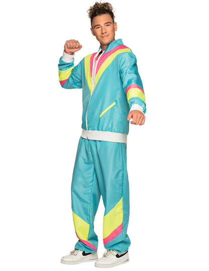 Disfraz retro de jogging azul neón para hombre
