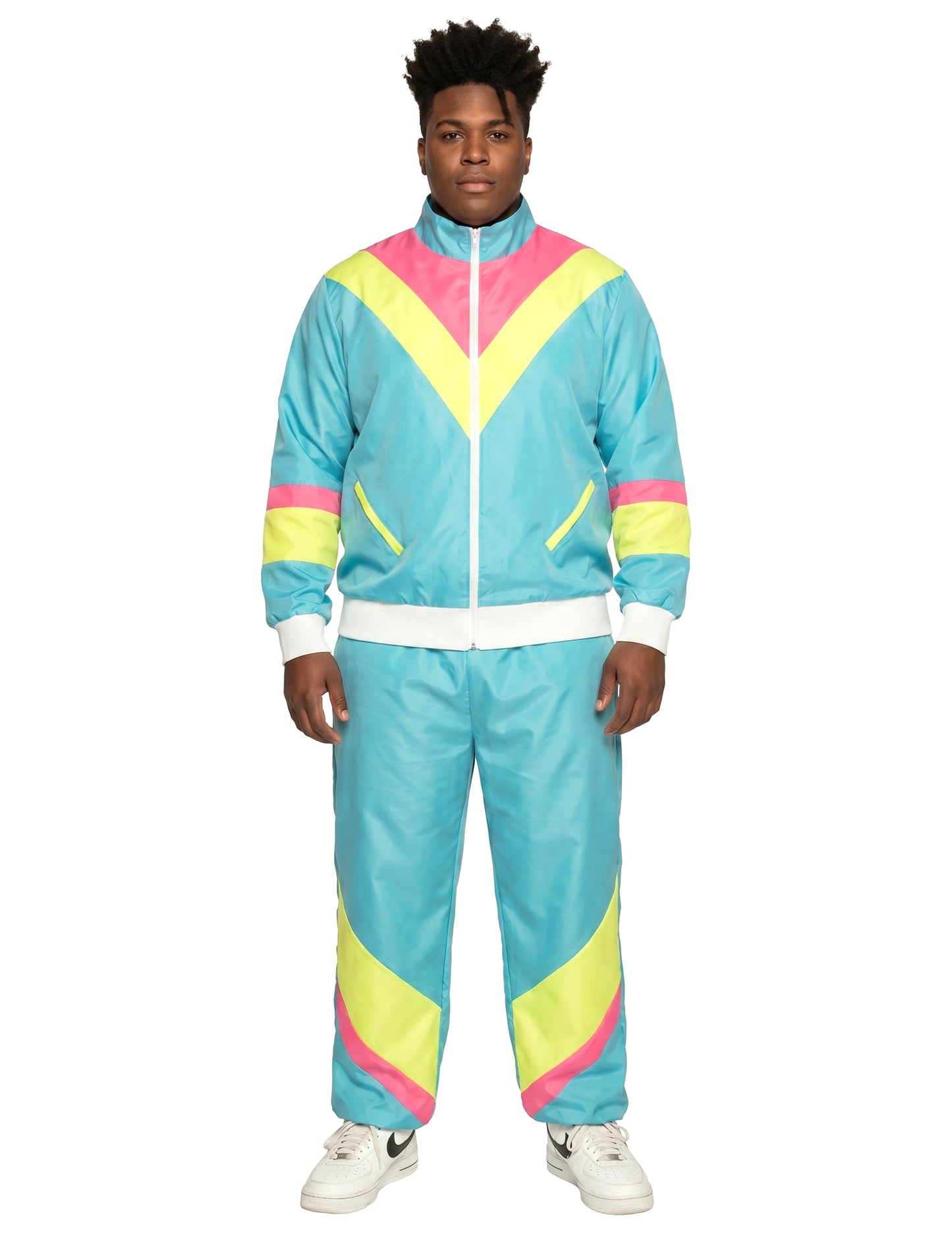 Disfraz retro de jogging azul neón para hombre