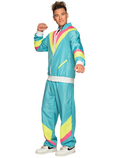 Disfraz retro de jogging azul neón para hombre