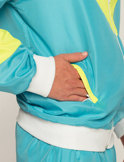 Disfraz retro de jogging azul neón para hombre
