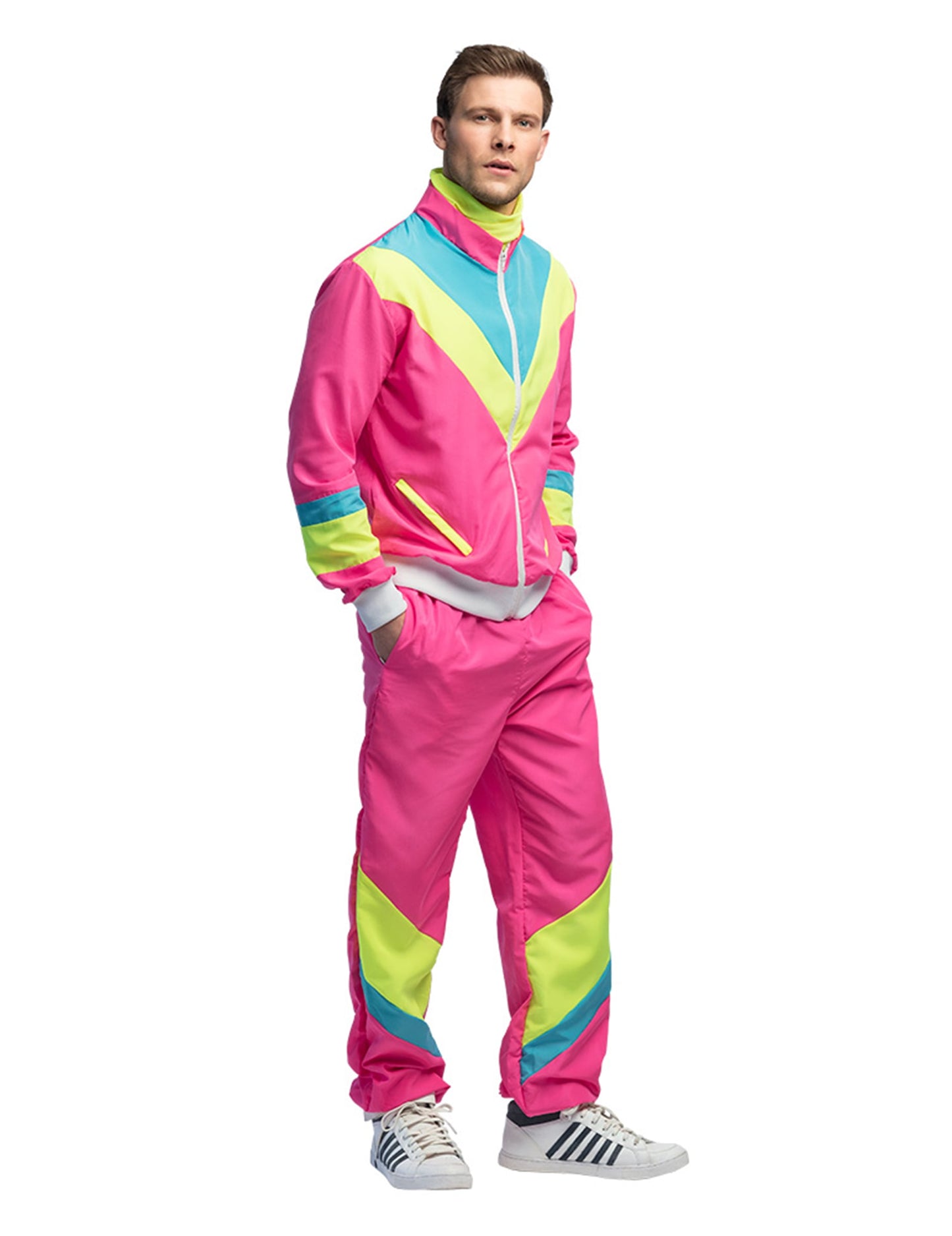 Disfraz de jogging retro rosa neón para hombre