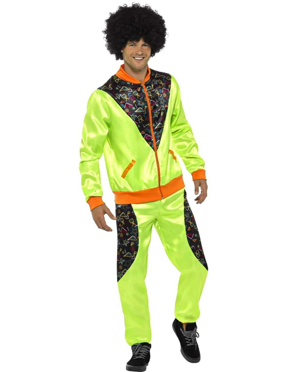Disfraz de jogging retro para hombre verde fosforito con motivos y detalles naranja