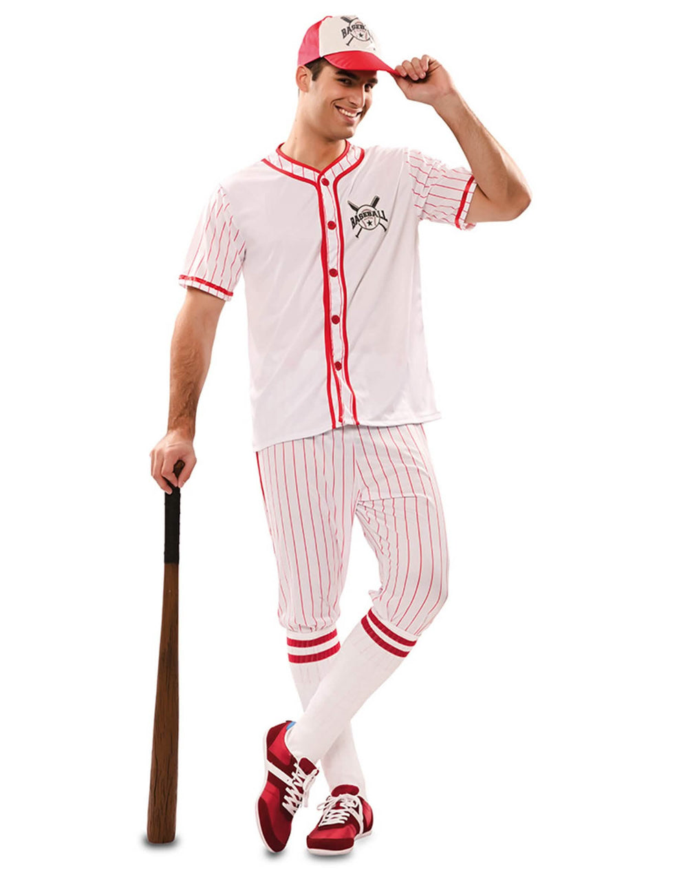 Disfraz de jugador de béisbol para hombre blanco y rojo a rayas con gorra