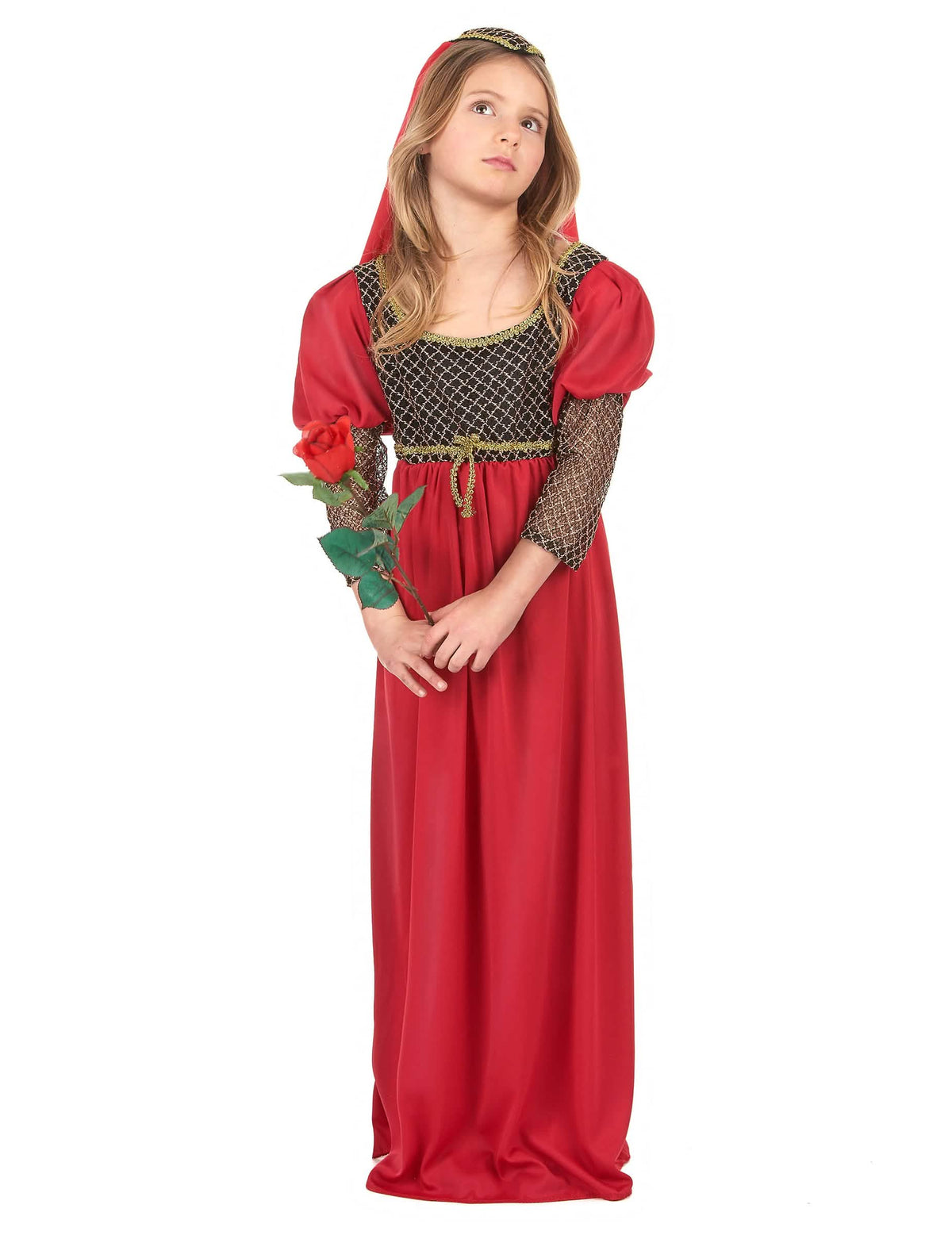 Disfraz de Julieta para niña rojo y negro con tocado dorado