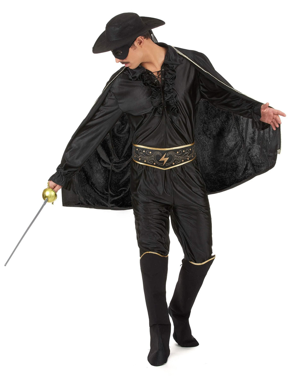 Déguisement de justicier pour homme noir et doré avec cape et chapeau