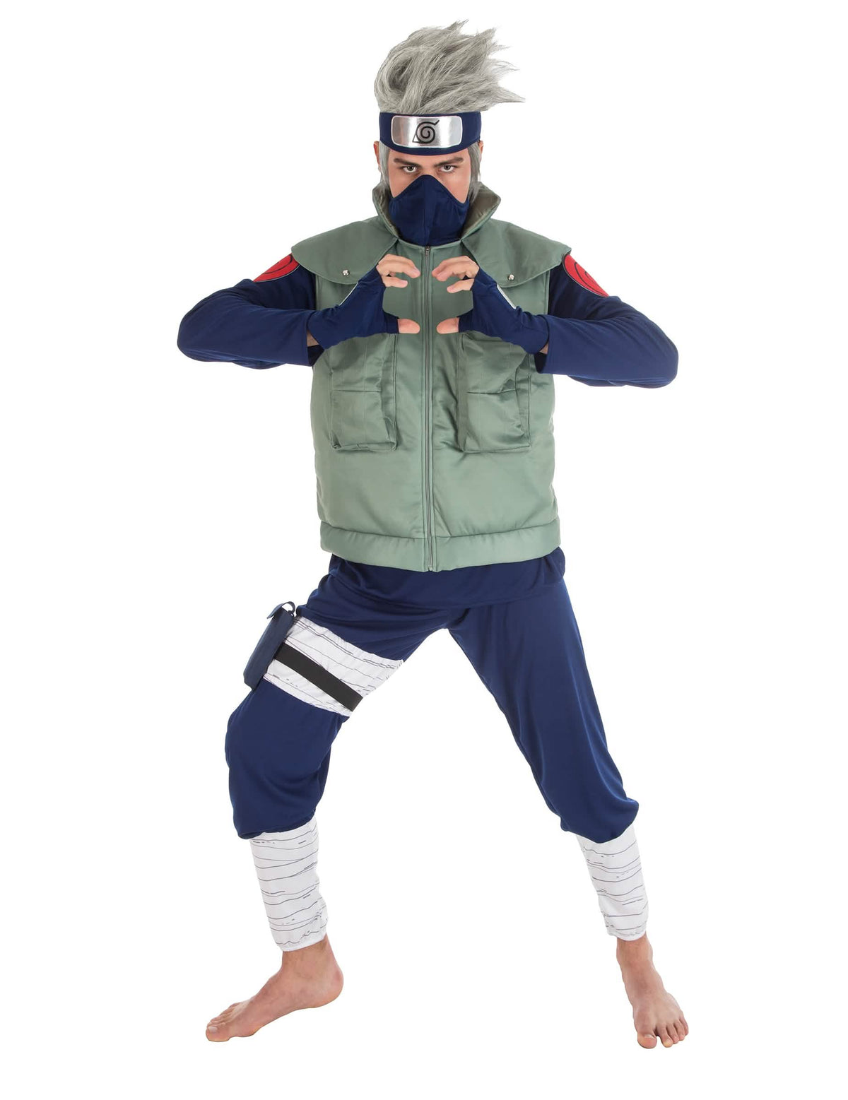 Disfraz de Kakashi Hatake Naruto™ para hombre verde y azul con chaleco y banda para la frente